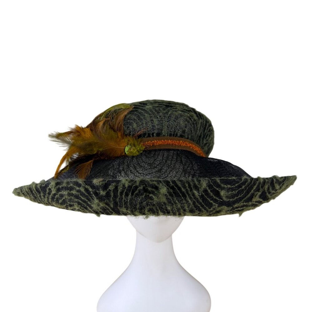 Ariane Millinery Green Black Mesh Feather-Embellished Wide-Brim Elegant Hat